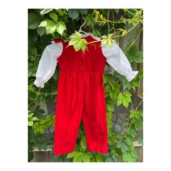 Vintage 80s Red Velvet Corduroy Romper Suit Formal White Lace One Piece Sz 3 - Picture 8 of 14